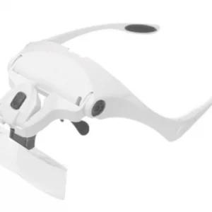 LUPA DE CABEÇA NA COR BRANCA E DETALHES PRETOS, TIPO ÓCULOS, COM LED NA PARTE SUPERIOR DA LUPA E COM FIXAÇÃO DAS LENTES NA PARTE INFERIOR DA LUPA.