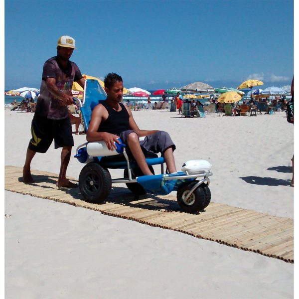 foto de homem sendo empurrado por outro, sentado em cadeira de rodas na praia em cima de esteira de bambu