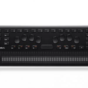 Linha Braille cor preta, com 44 botões de funções e 40 celas braille.