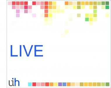 Tela com pixels coloridos na parte superioe e inferior, escrito LIVE meio e com o minilogo do UINHUB mostrando as letras U e H, na parte inferior esquerda - fundo branco